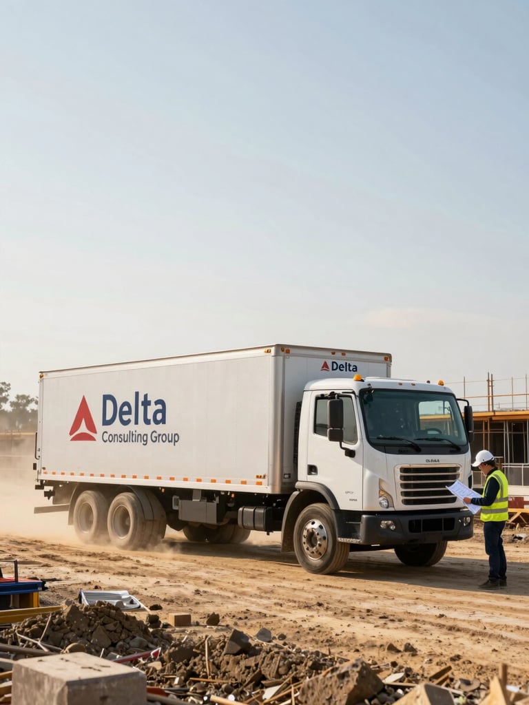 Wide shot of a branded Delta Consulting Group fleet truck on an active construction site at golden hour, dust in the air, with a project manager reviewing plans nearby. Crisp documentary photography, bright natural daylight, high contrast industrial tones, wide angle lens.