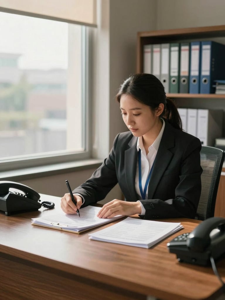 Environmental wide shot, a travel coordinator seated at a wooden desk near a large window, warm daylight falling across open passport files and a ringing telephone, office shelves with route binders visible in background, documentary framing