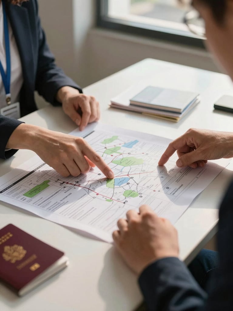 Environmental wide shot of a travel agency desk in warm afternoon window light, hands of a coordinator pointing at a printed itinerary spread across the desk, passport and visa documents visible, shallow depth of field, documentary framing