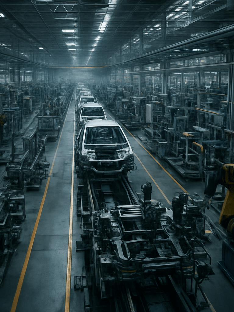 Wide environmental shot of an active automotive assembly line, overhead angle showing tooling stations and conveyor lanes under diffused factory ceiling light, no workers centered in frame, machinery detail in foreground, industrial blue-grey tones