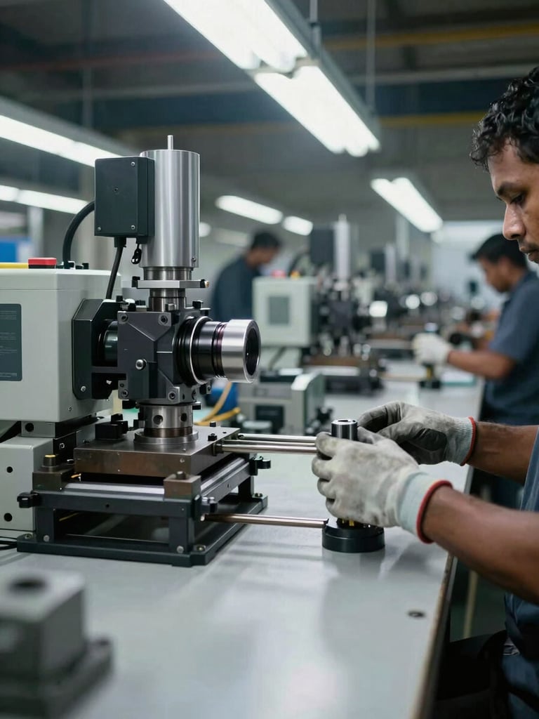 Wide shot of an active auto-components assembly line in a Pune factory, overhead fluorescent lighting casting hard shadows across jigs and fixtures, a worker's gloved hands adjusting a component at an inspection station, machinery detail in sharp focus, no faces visible