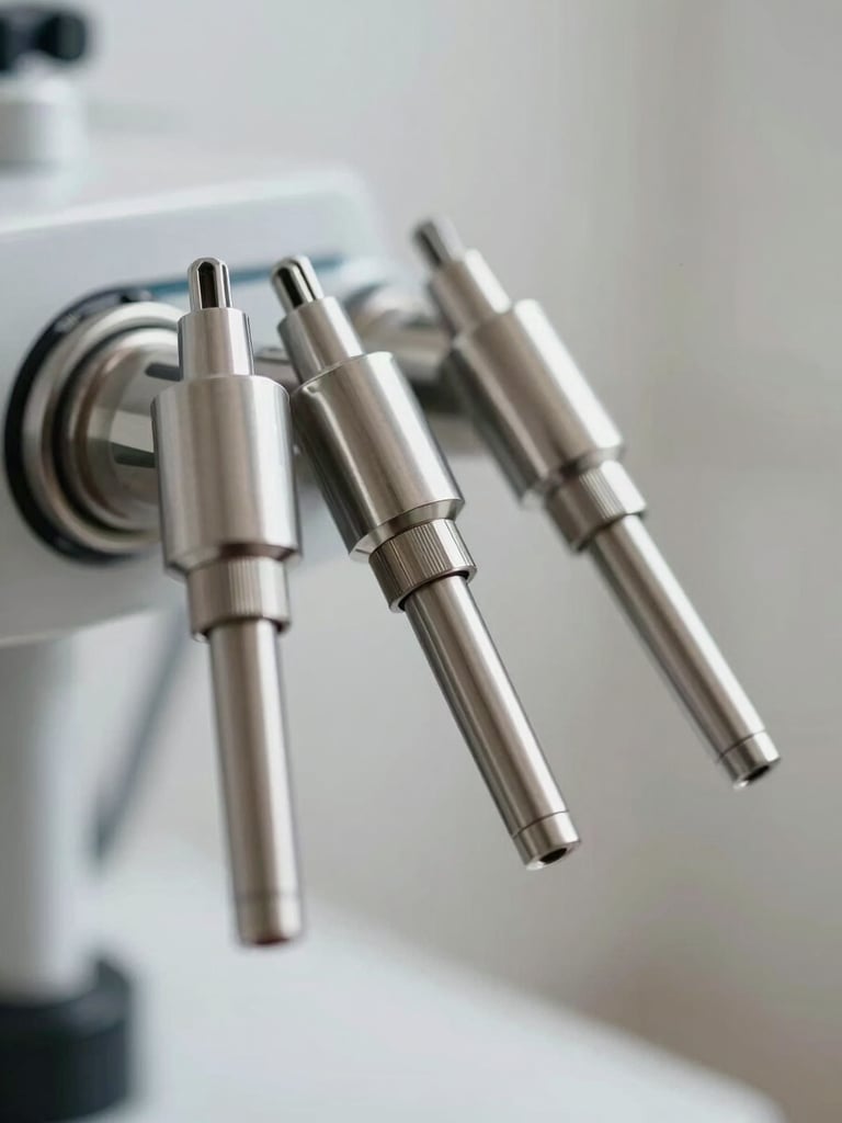 Macro shot of professional pest control equipment, clean stainless steel nozzles, bright clinical lighting, absolute precision, neutral background.
