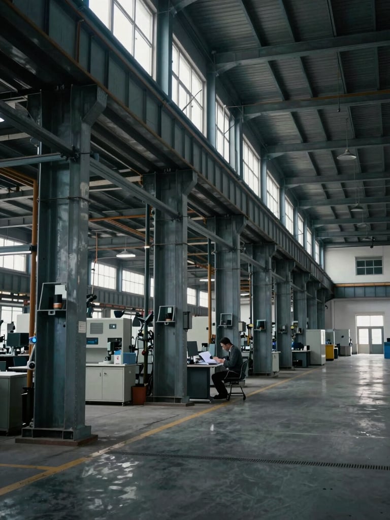 Wide interior of a Turkish industrial manufacturing facility, steel columns receding into depth, a solitary figure reviewing documents at a workstation in the middle distance, north-facing daylight filtering through high clerestory windows, cool ambient light, observational framing from the side aisle
