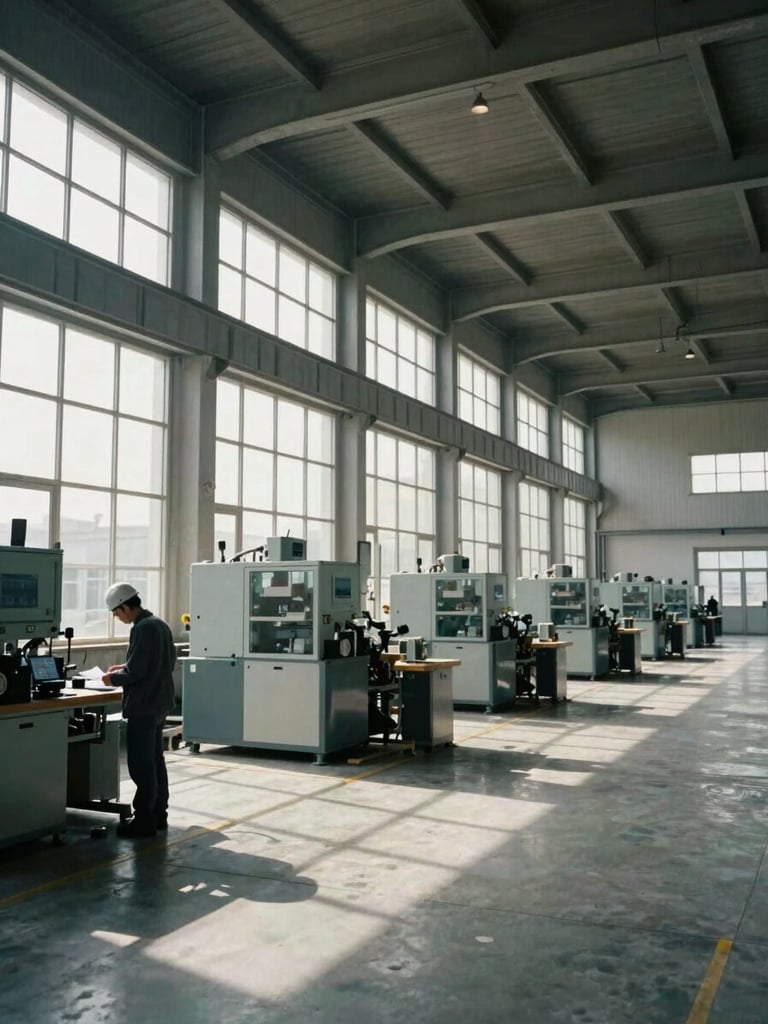 Wide interior of a modern industrial manufacturing facility in Türkiye, controlled north-facing daylight filtering through high windows onto a concrete floor, machinery visible in the mid-ground, a lone figure in a hard hat reviewing documentation at a workstation in the left third, generous negative space in the upper right