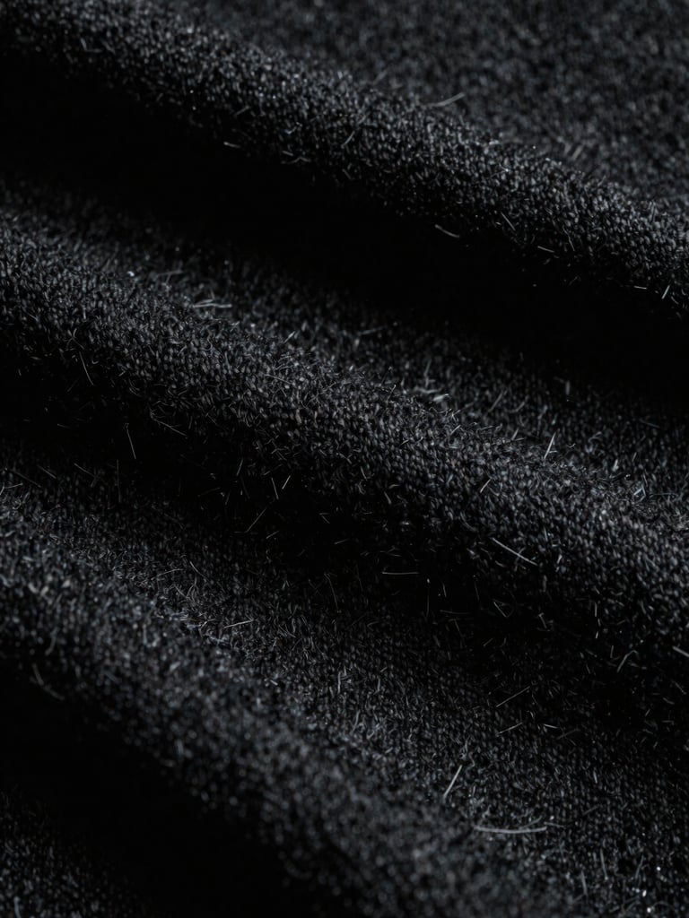 Extreme close-up of heavy black wool fabric texture under harsh side light, high-contrast chiaroscuro, 35mm film grain