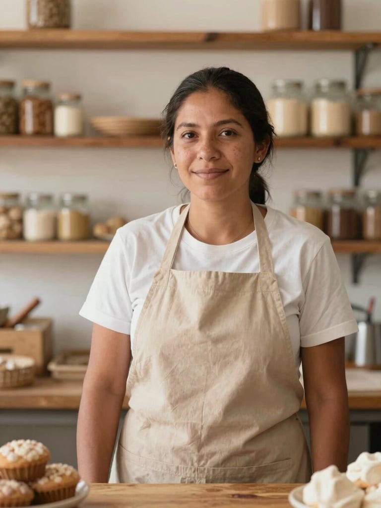 A warm, natural light photograph of a Colombian small business owner in her bakery, looking proudly at her work, soft rich tones, realistic editorial photography