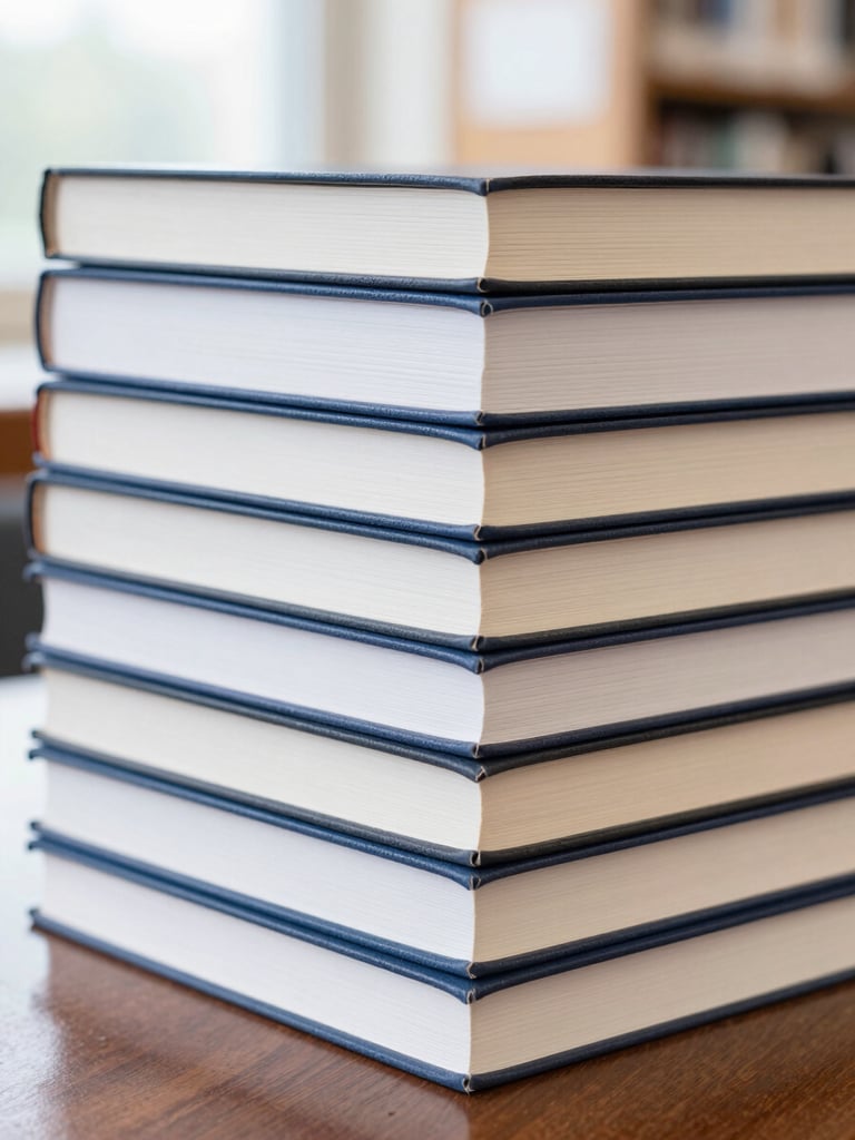 A close-up of high-quality printed academic books stacked neatly on a dark wooden table in a bright library, soft daylight, sharp focus, 35mm