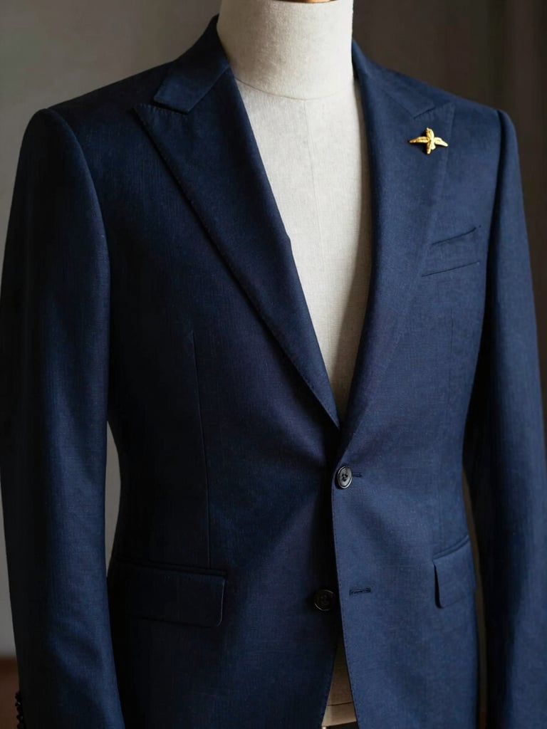 High-fashion editorial crop of a styled mannequin wearing a deep navy wedding suit with gold lapel pin, dramatic side lighting