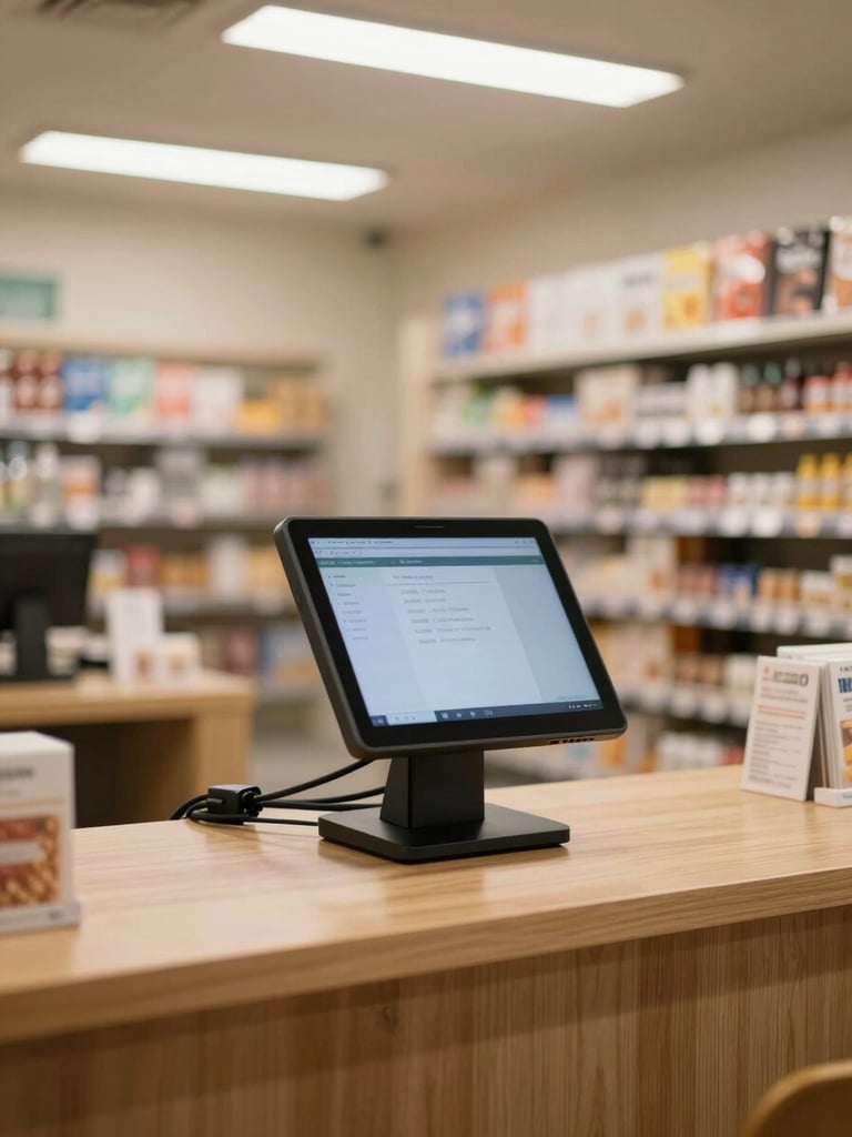 Wide shot of a small retail counter, a point-of-sale touchscreen terminal active on the countertop, neat cables running behind, warm fluorescent workspace lighting, shelves of products blurred in background, no people visible