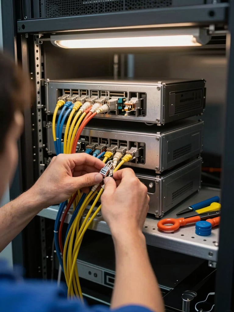 Technician's hands routing ethernet cables inside a server rack at a small workshop, warm fluorescent overhead light, tools laid on a metal shelf to the right, focus on the organized cable work