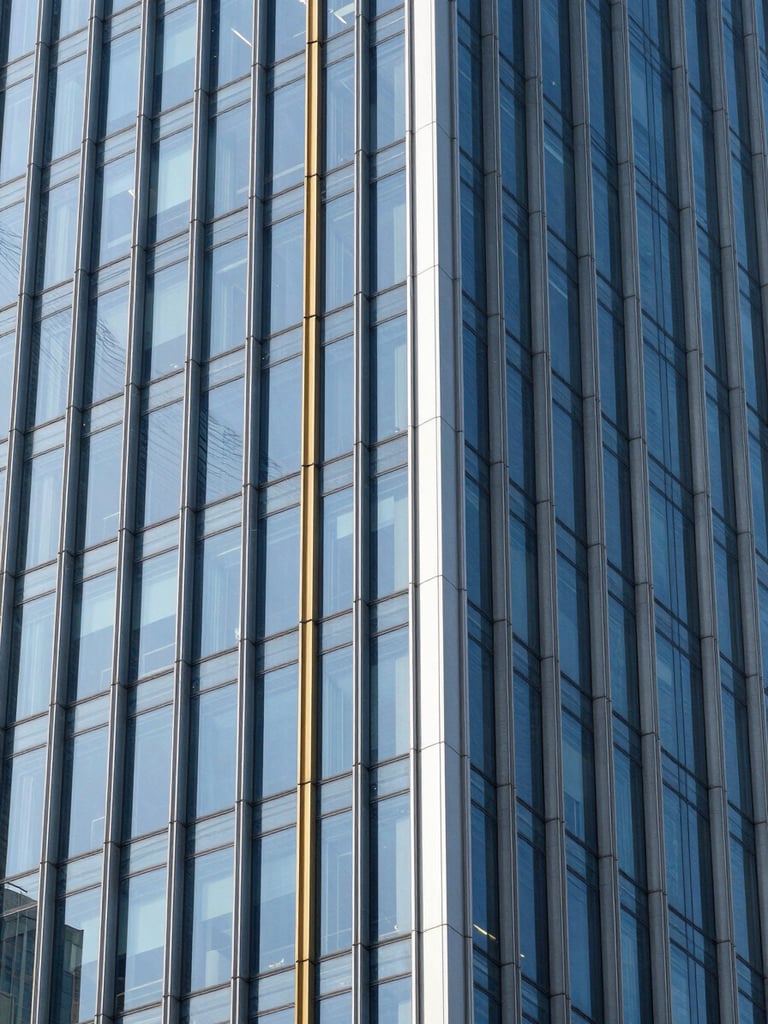 Sharp architectural photography of a modern glass skyscraper facade reflecting blue sky, high-contrast daylight, crisp clean focus, 35mm