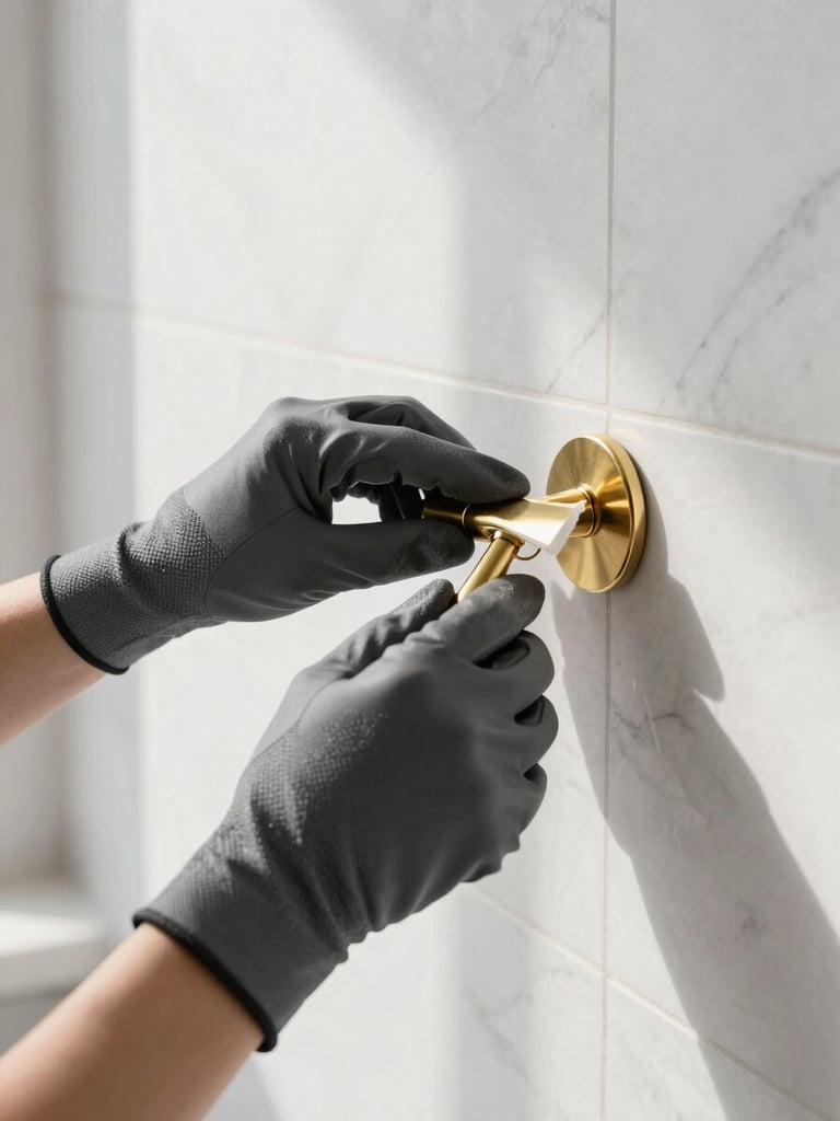 Close-up of clean hands in dark gray utility gloves carefully polishing a brass fixture on a clean marble wall, sharp focus, bright natural daylight