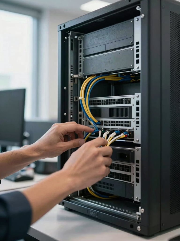 Close-up environmental shot of an open server chassis on a desk in a real SME office, hands tracing cable routing under natural window light from the left, dust and worn equipment visible, no glamour