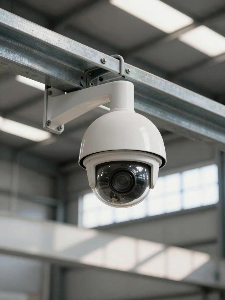 Close-up wide shot of a CCTV dome camera mounted on a steel I-beam inside a real warehouse, natural industrial light from high windows casting hard shadows on concrete floor below, camera bracket and conduit visible, no people, honest documentary framing