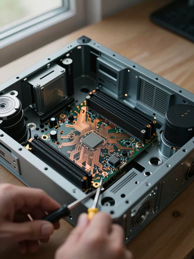 Overhead close-up of an open desktop computer chassis on a workbench, internal components and circuit board visible under diffused natural window light, a technician's hands holding a screwdriver just entering frame from the bottom edge, steel-gray tones with warm amber highlights on copper traces