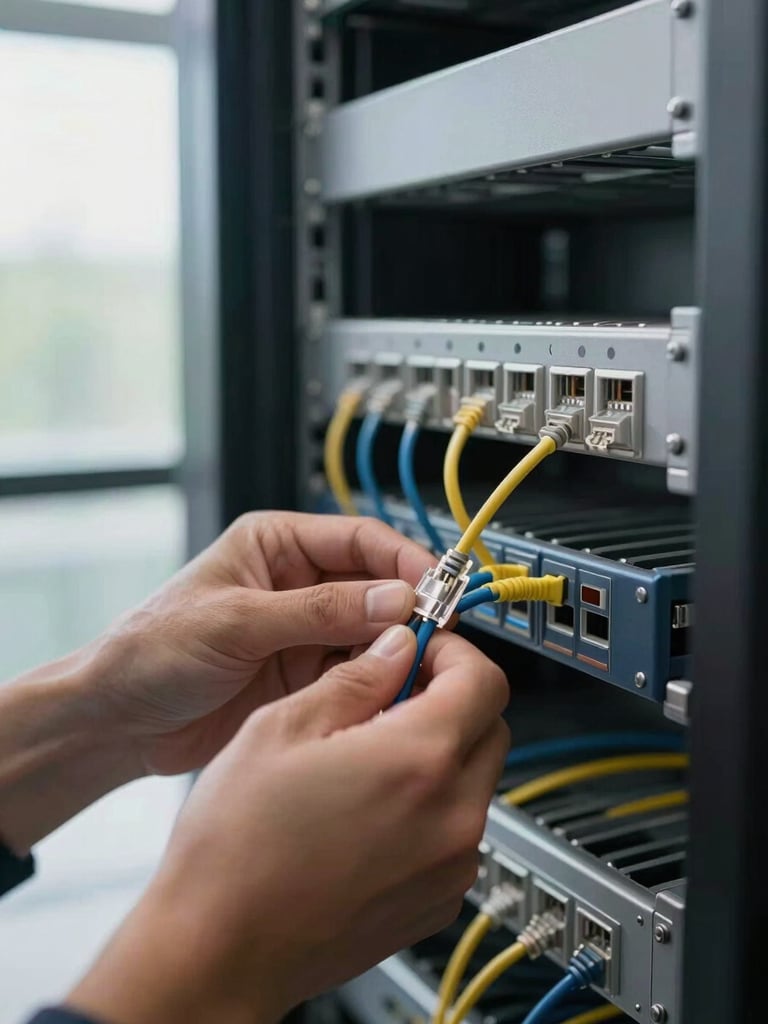 Close-up of a technician's hands threading a network cable through a cable tray mounted in a server rack, natural daylight entering from a window to the left, steel-gray rack panels filling the background, shallow focus on the cable connector tip