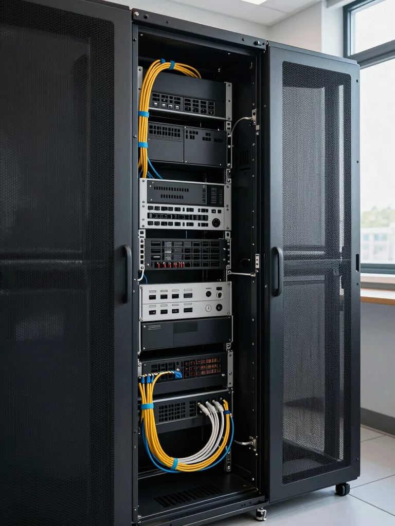 Wide shot of an open server rack in a small business back office, cables organized with color-coded ties, natural light from a window to the right casting soft shadows across the equipment, no technician visible — the system itself as the subject