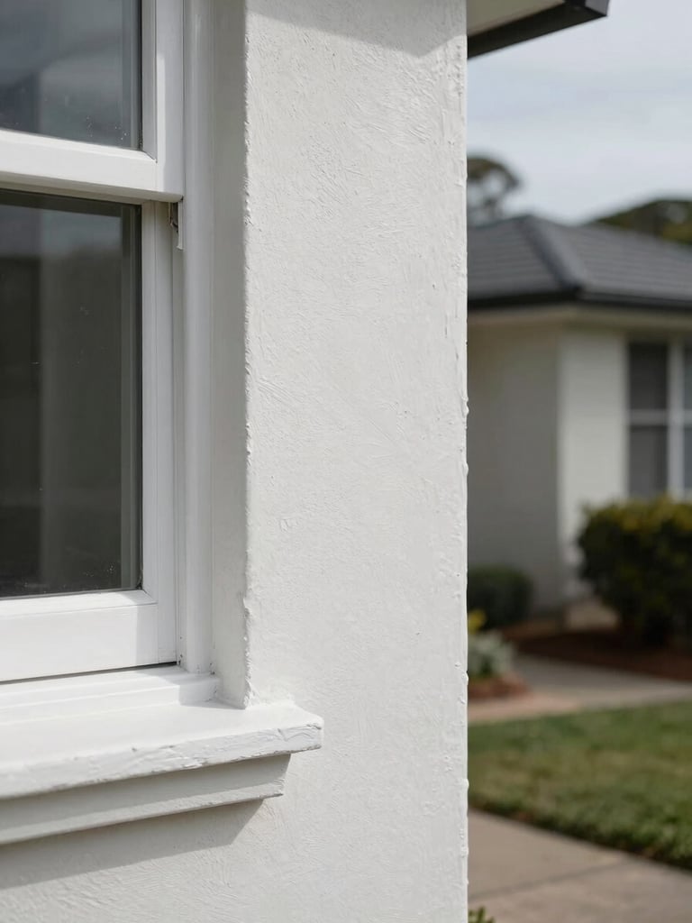 Close-up of a freshly painted exterior wall edge under natural daylight, clean paint line meeting a window frame, Perth suburban home visible softly in background, no people