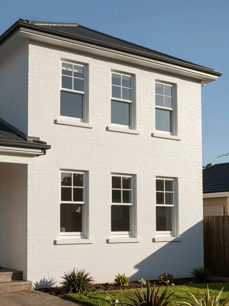 Wide environmental shot of a freshly painted two-storey Perth brick home exterior, full facade visible in afternoon natural light, clean render lines and newly painted window trims in sharp focus, blue sky and garden in background