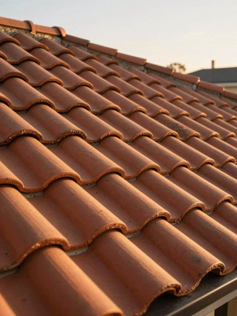 Close-up of terracotta roof tiles on a Perth suburban home, freshly repointed mortar lines visible, warm golden hour light raking across the tile surface from the right, no people