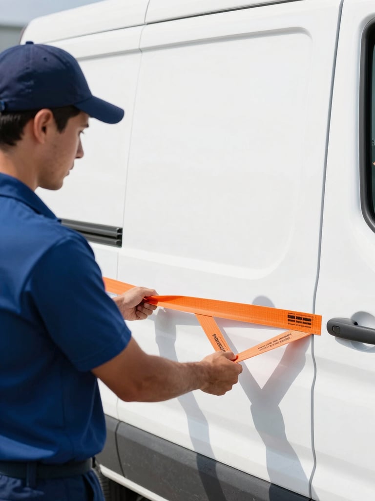 Close-up detail shot of professional movers in clean uniforms using commercial-grade orange strapping to secure cargo inside a clean white transit van, bright morning daylight, sharp focus
