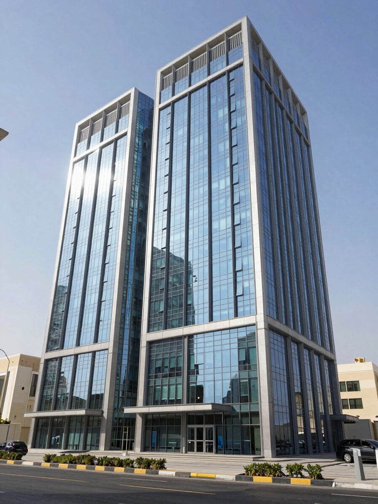 Medium shot of the modern Al Hilal Bank Building exterior in Al Qusais, Dubai, bright midday sun, clean glass facade, street level view establishing a permanent physical office location.