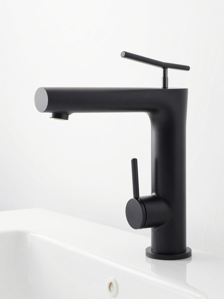 Front-on geometric elevation of a matte black architectural basin mixer, sharp metallic reflections, clean white background, minimalist industrial style, 50mm lens.