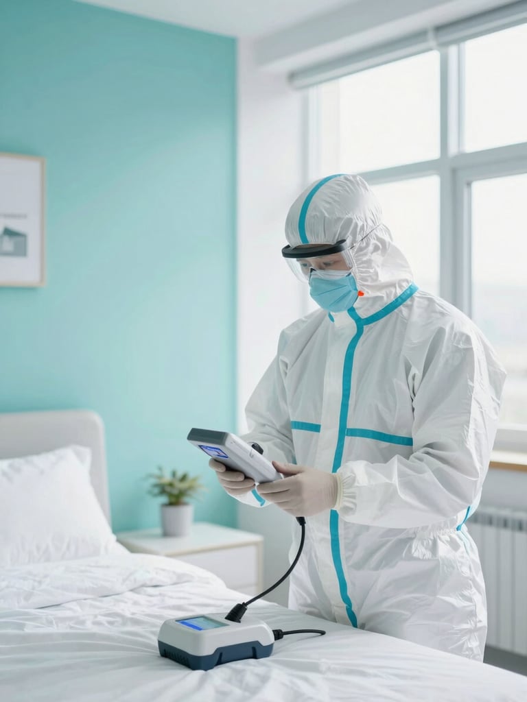 Professional technician in clean white protective suit inspecting a modern bedroom with specialized thermal equipment, clinical bright daylight, teal accents.