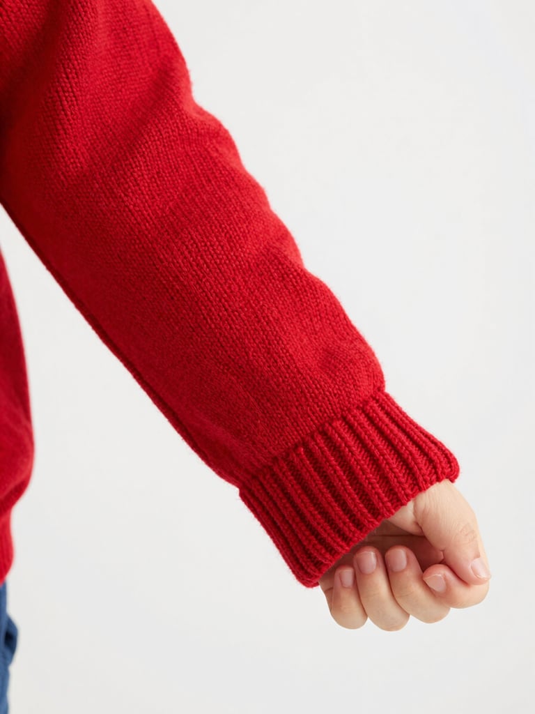 A close-up editorial shot of a child's hand holding a hand-knit red sweater sleeve, showing the rich texture of organic cotton under soft natural daylight.