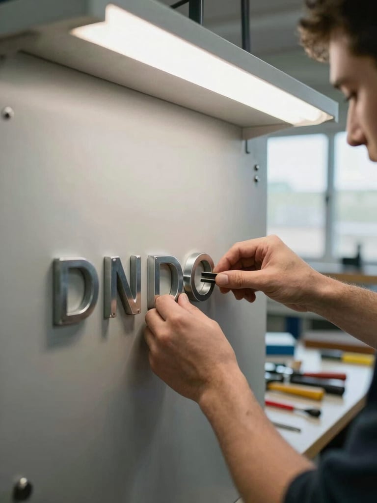 Close-up of a fabricator's hands aligning metal letter forms against a cabinet panel in a workshop, overhead fluorescent light mixing with window daylight, tools and hardware visible on the workbench surface