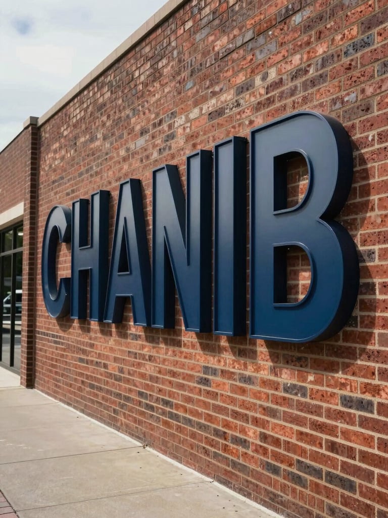 Wide environmental shot, close to street level, of a bold channel-letter sign mounted on a brick retail storefront at midday — overcast natural light, no direct sun. The signage fills the right two-thirds of the frame, with the building facade and sidewalk edge visible to the left. Lettering is crisp and deep-set; you can see the shadow of each letter against the brick. No people, no cars in motion — just the installed work in context.
