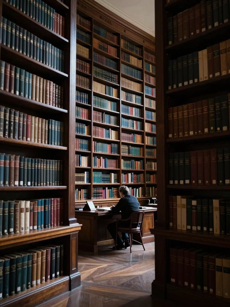 Interior of a grand classical library reading room, towering dark wooden shelves receding into shadow, cool diffused north-facing light falling across leather-bound volumes, a solitary male figure in silhouette seated at a reading desk in the middle distance, atmospheric and scholarly