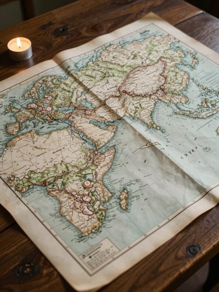 Wide panoramic view of an antique hand-drawn geopolitical map spread across a dark oak table, candlelight from the left casting long cool shadows across coastlines and territorial annotations, close environmental detail of manuscript cartography, no people visible