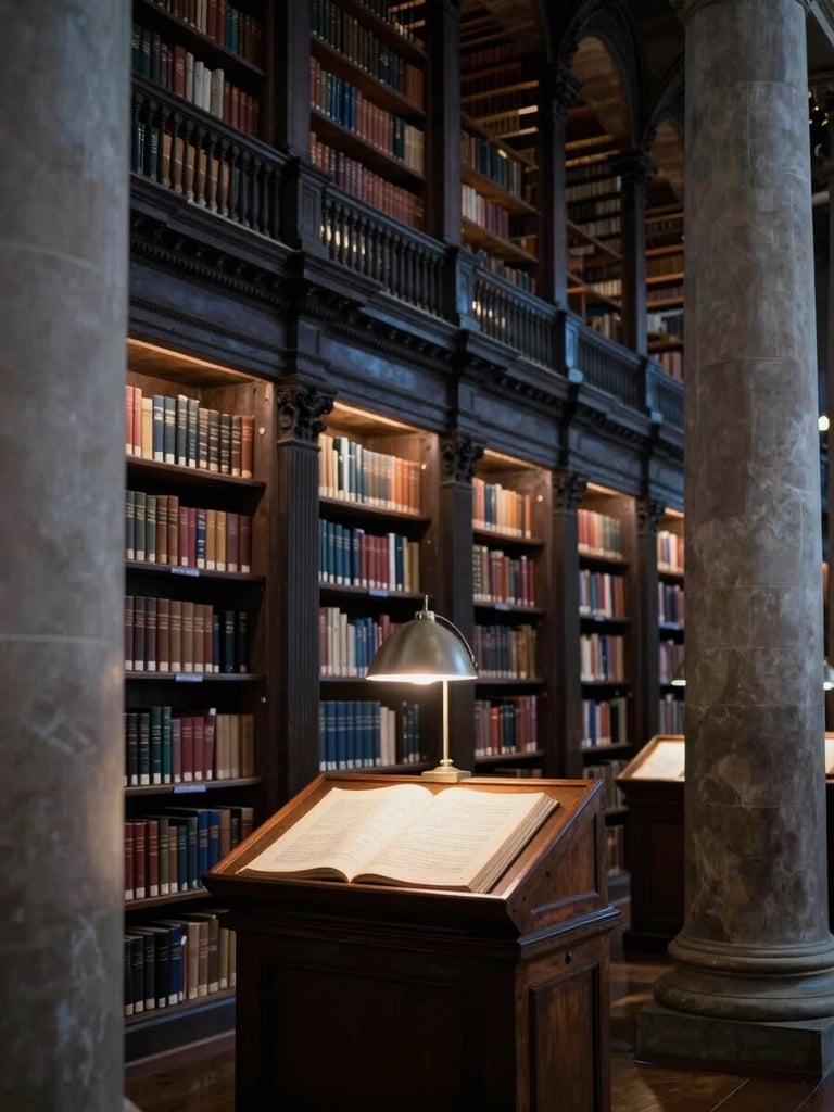 Interior of a grand historical library, tall dark bookshelves receding into shadow, a single reading lamp casting cool diffused light over a manuscript open on a wooden lectern, stone columns framing the space, no people