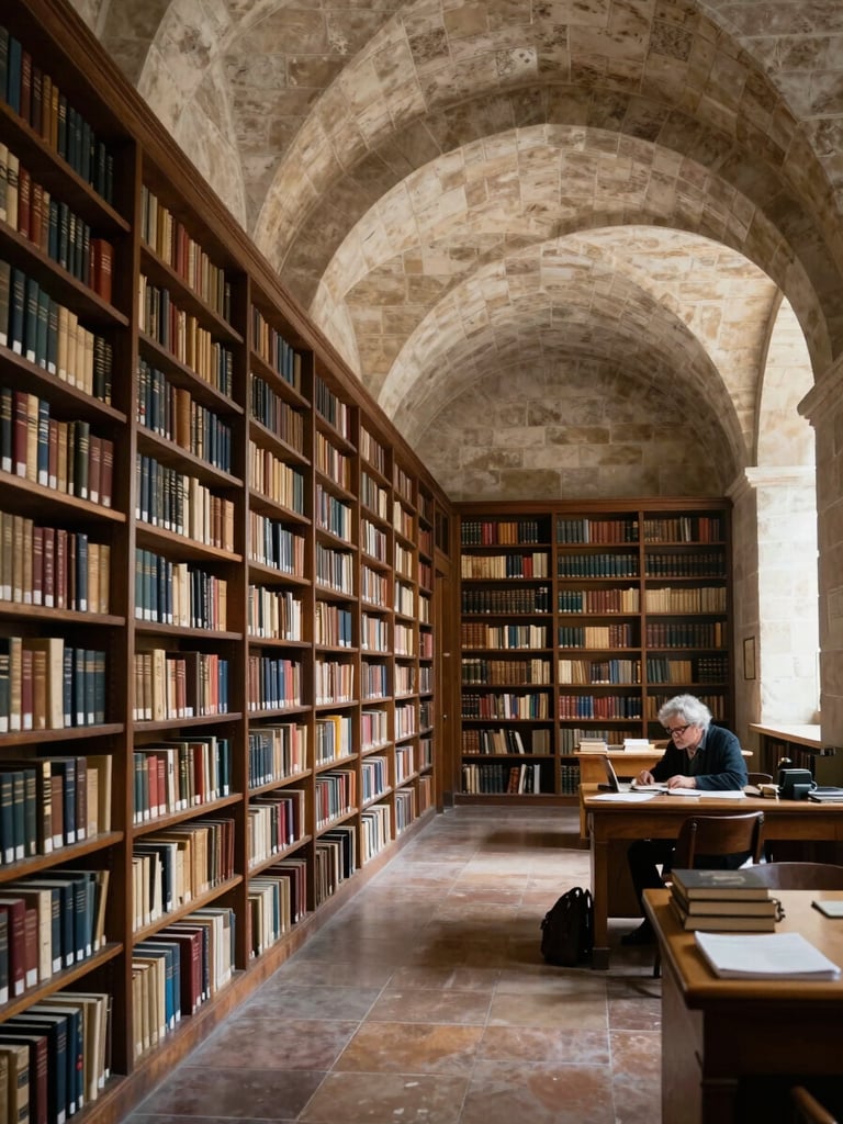 Wide interior of an ancient library reading room, vaulted stone ceiling receding into shadow, rows of manuscript shelves lining the left wall, a single scholar's reading desk lit by cool diffused north-facing light, archival atmosphere, no warm tones