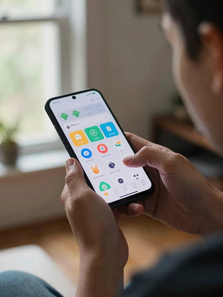 Close over-the-shoulder view of a hand gripping an Android phone mid-use, app interface visible on screen, natural daylight streaming from a window to the left, everyday home interior background softly out of focus