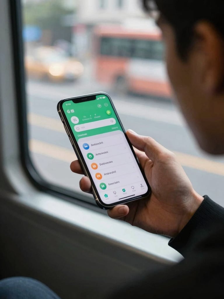Over-the-shoulder view of a person on a commute holding an Android phone mid-use, natural ambient light from a window, app interface visible on screen, urban environment blurred in background