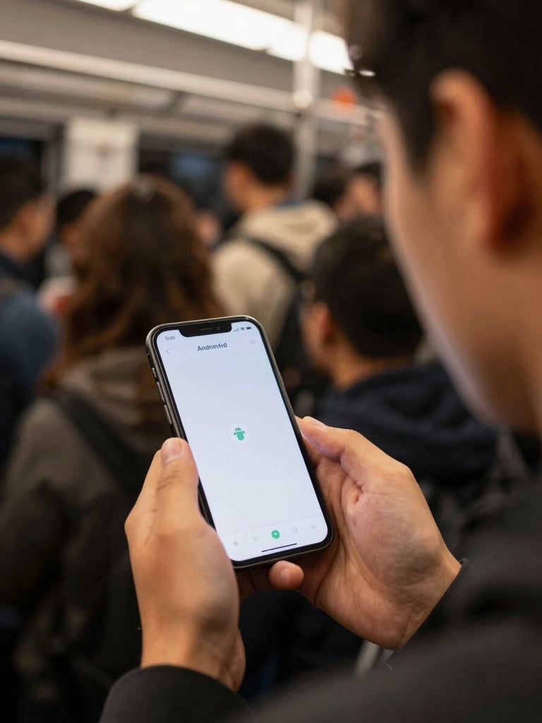 Over-the-shoulder view of a person using an Android phone while commuting on a crowded train, app screen visible showing a clean minimal interface, warm ambient carriage lighting, candid and unposed
