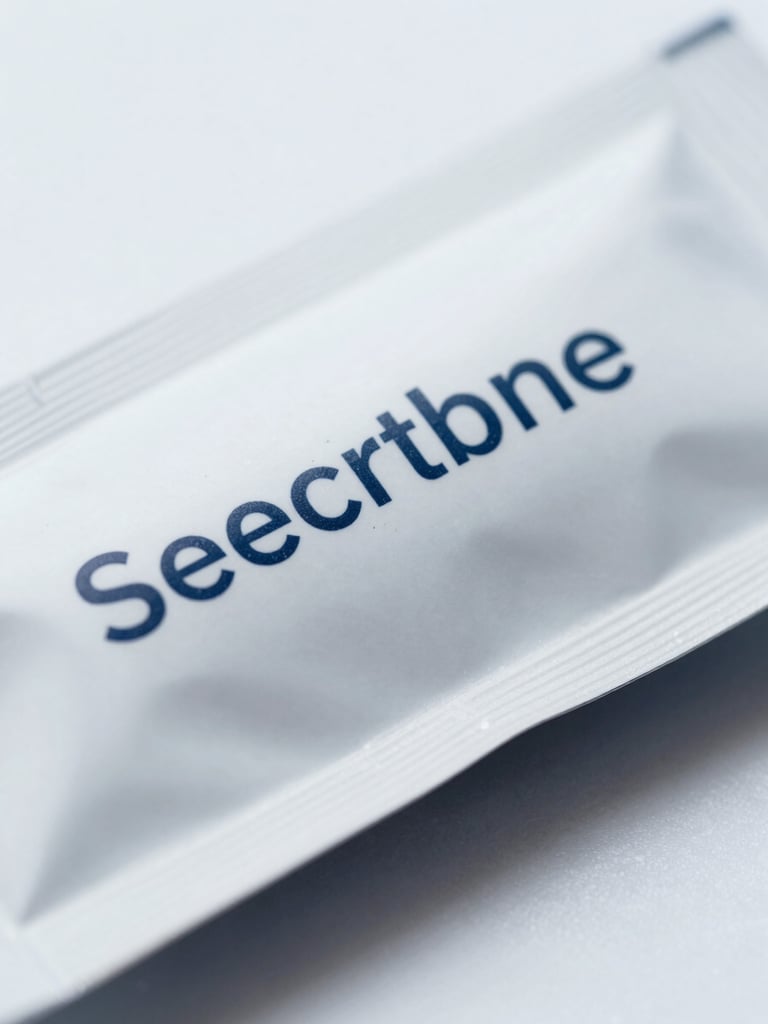 Extreme close-up of high-end pharmaceutical packaging with precise technical typography, sterile white background, cool clinical daylight with sharp clean shadows.