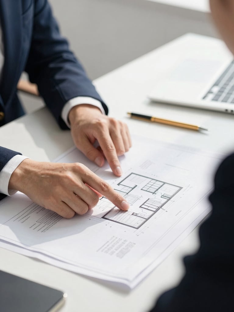 Medium close-up of a professional consultation, hands pointing at architectural blueprints and financial documents on a modern desk, bright natural daylight, sharp focus, corporate navy and gold accents.