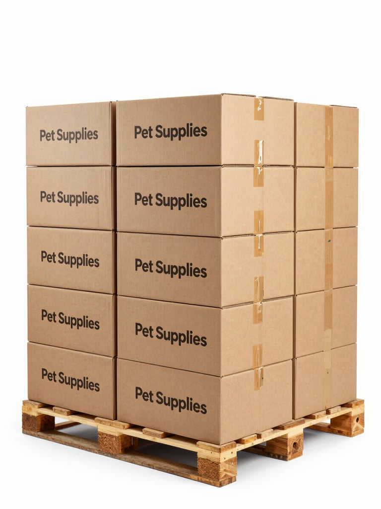 Bright commercial photography of neatly stacked cardboard shipping boxes labeled 'Pet Supplies' on a pallet in a clean, well-lit UK warehouse, high-key lighting, straight-on medium shot.