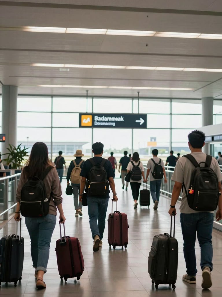 Interior of a regional Indonesian airport departure hall, travelers with bags moving through a busy concourse, natural light from high windows, signage in Indonesian, documentary wide shot
