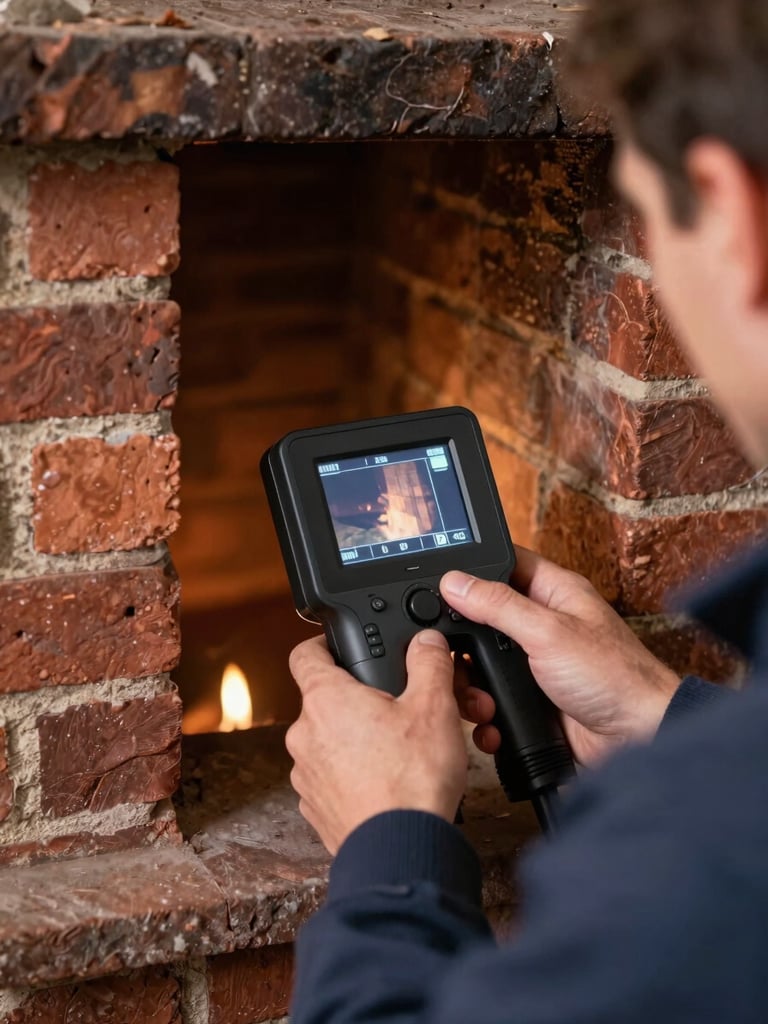 Close-up of a certified chimney sweep's hands operating a diagnostic camera inside a clean chimney flue, warm interior lighting, focused on the camera screen