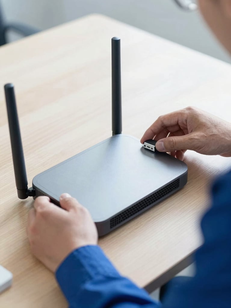 Close-up of a technician's hands carefully installing a high-speed Wi-Fi router on a clean wooden desk, bright natural daylight, cool blue and grey tones