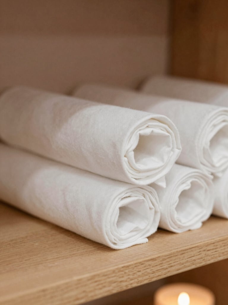 Close-up macro shot of pristine white rolled linens on a clean wooden shelf, soft warm lighting, minimalist aesthetic, shallow depth of field, 35mm