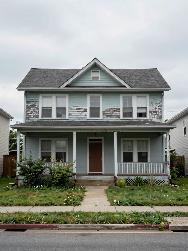 Wide environmental shot of a weathered two-story residential exterior under flat overcast daylight, peeling paint on wood siding visible, overgrown front yard, no people, documentary framing from across the street