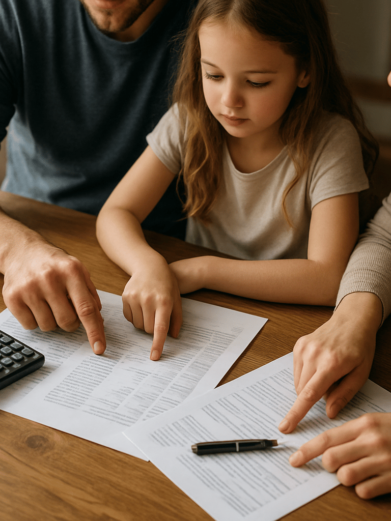 Overhead desk shot of a family sitting at a wooden table reviewing printed financial documents, natural daylight from a side window, a calculator and pen visible on the papers, hands pointing at figures on a statement