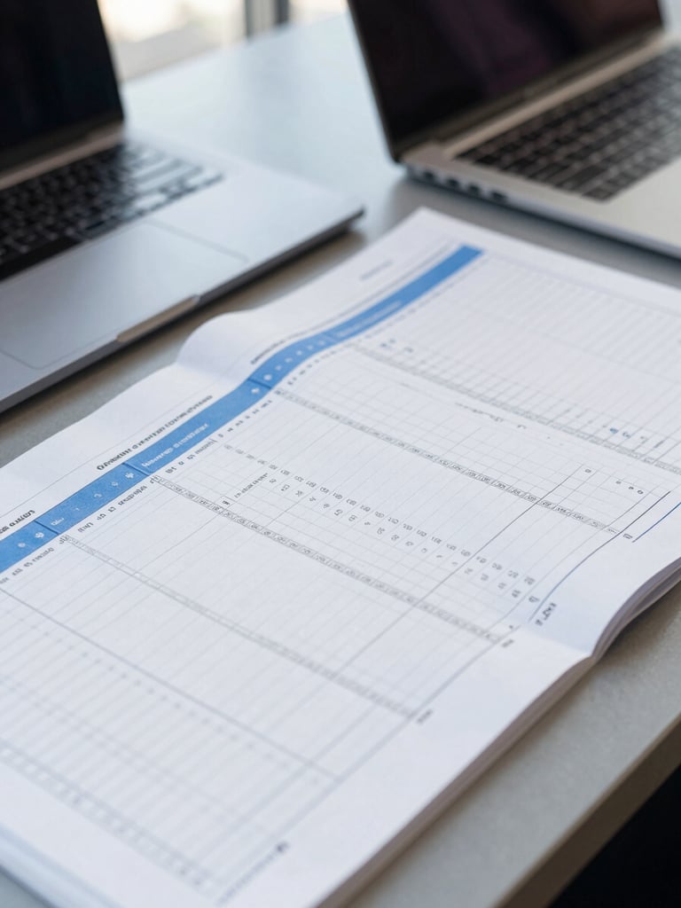 Detailed close-up of organized financial ledgers and modern office technology on a slate gray desk, natural daylight, professional corporate environment, sharp focus