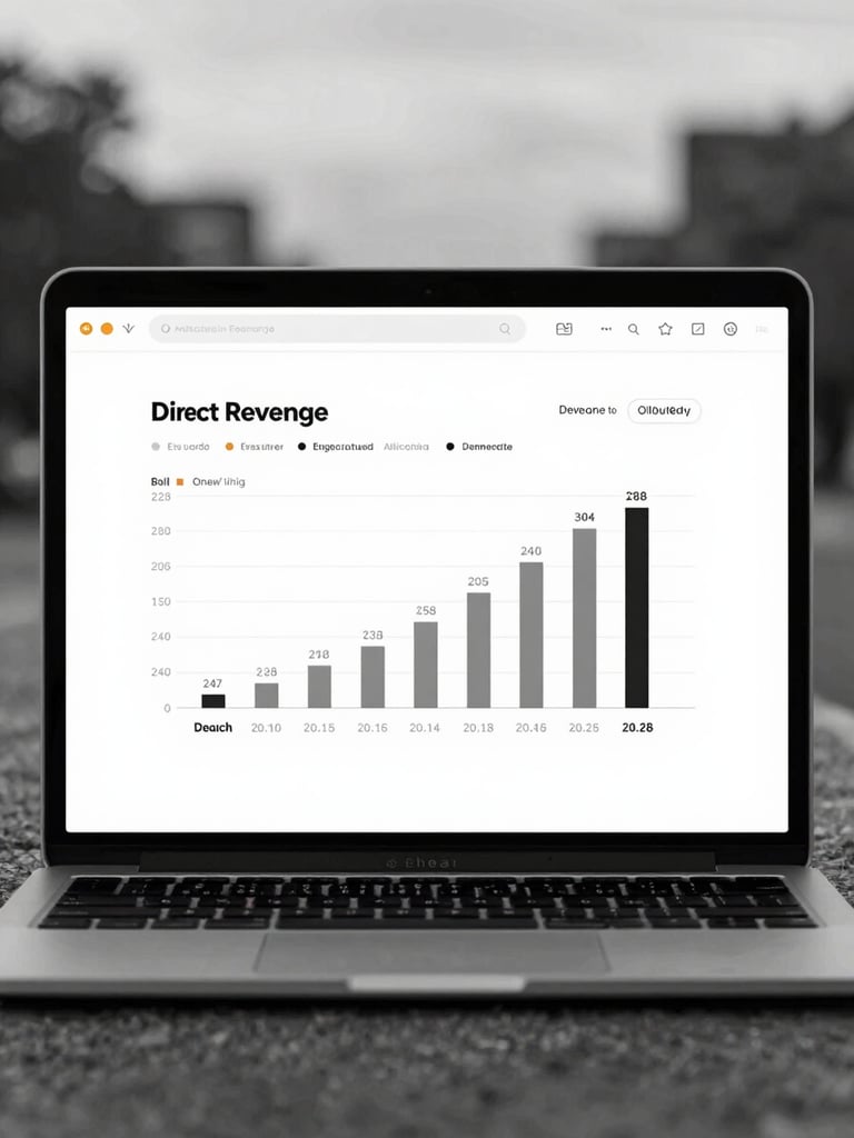 Flat-lay of a clean user interface showing direct revenue metrics, high-contrast black and white, sharp overcast daylight.