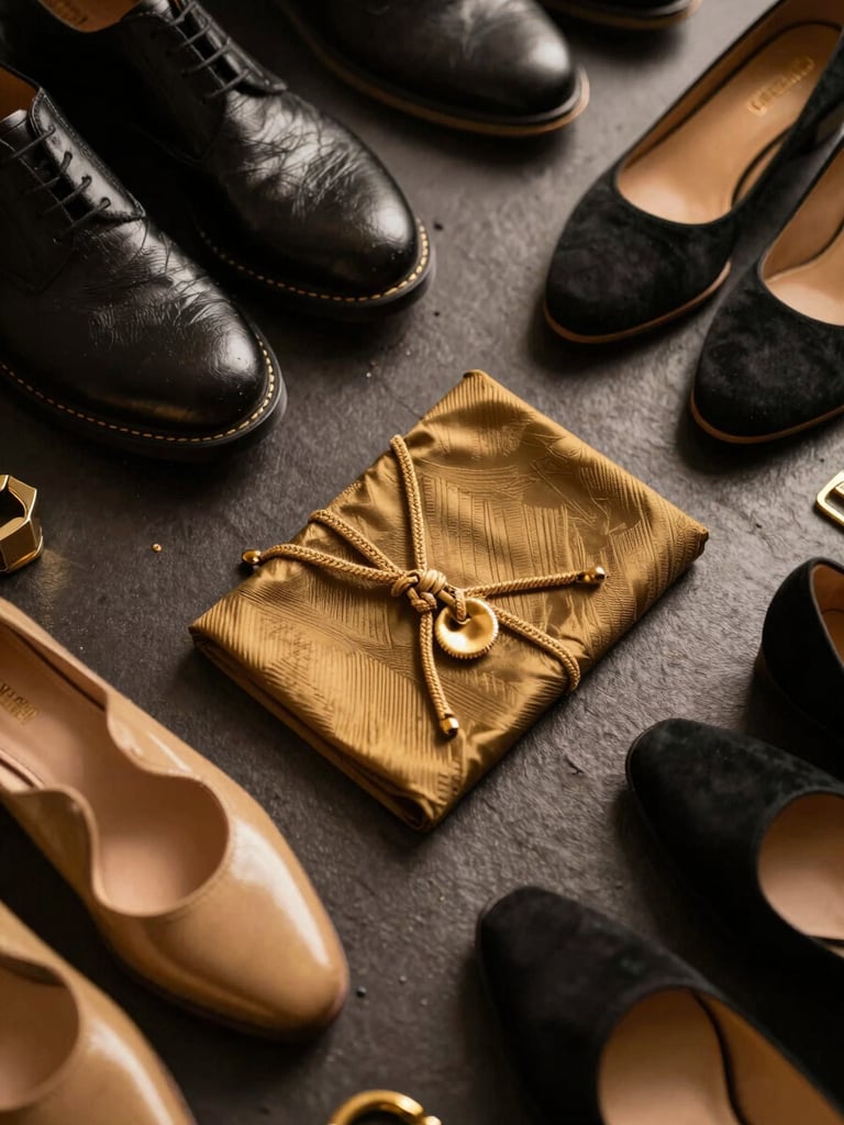 Crisp product flat-lay of premium footwear and accessories on a dark textured surface, warm studio spotlight highlighting fabric textures and gold accents, 35mm
